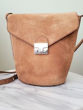 Loeffler Randall Flap Bucket Bag Crossbody Purse Tan Suede
